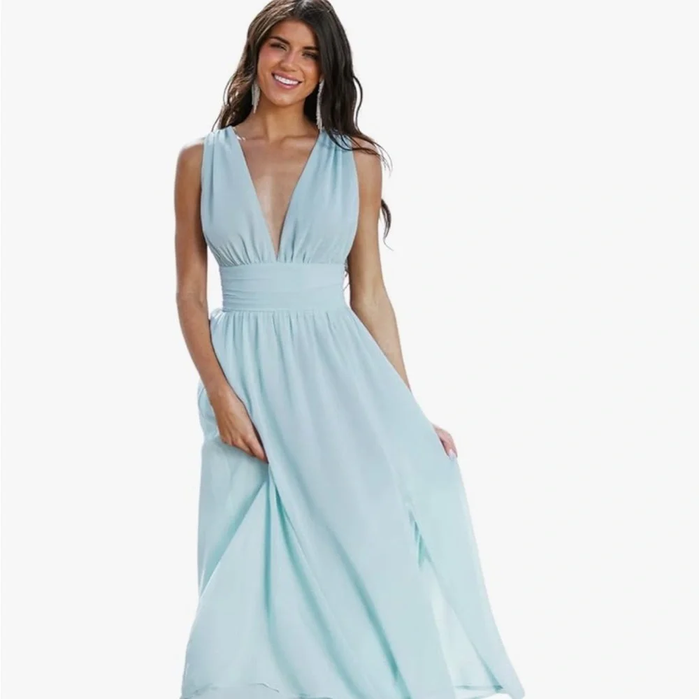 Cupshe Blue Pleated Maxi Dress Sleeveless Plunge Wedding - Picture 1 of 6
